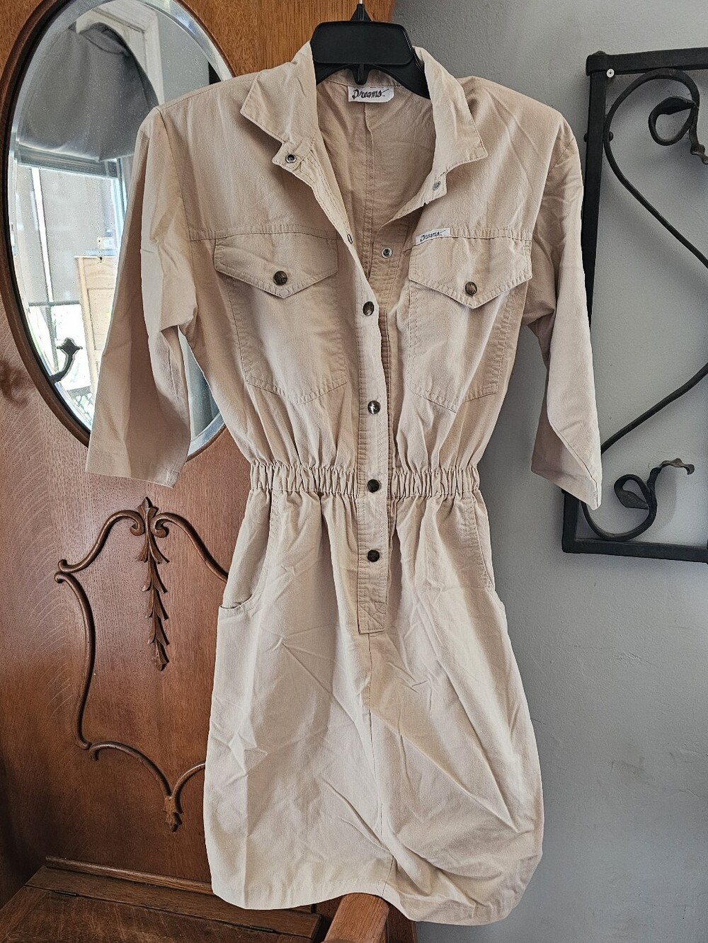 Vintage Dreams Safari Shirt Dress Beige Utility Cotton USA Medium Pockets